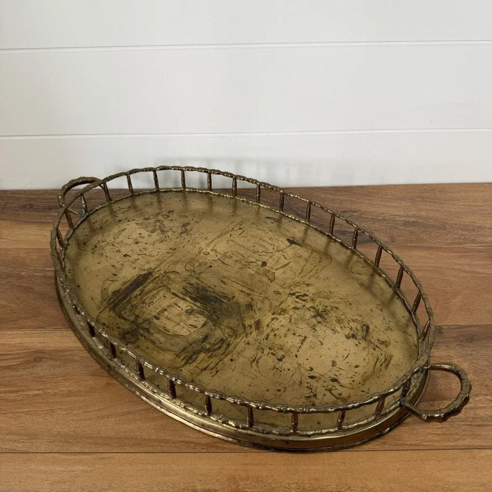 Vintage Brass Serving Tray Faux Bamboo Hollywood Regency Style Oval Large *Wear*